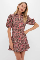 Brown & Red Floral Corduroy Front Zip Mini Dress